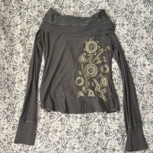 Diesel grey cowl neck top with floral embroidery